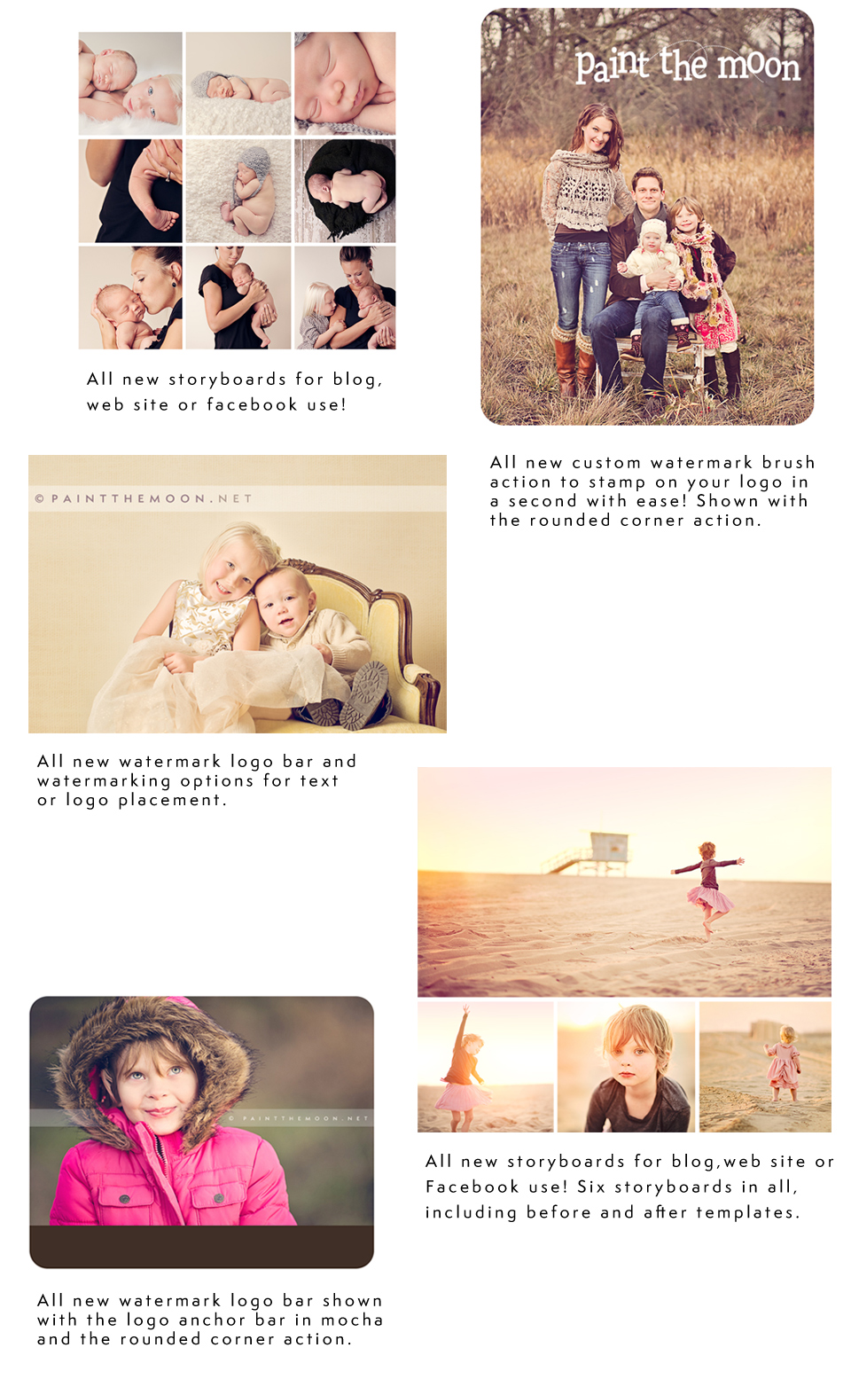 Resizing, sharpening, rounded corners, watermarks and more. Plus collage storyboard templates!